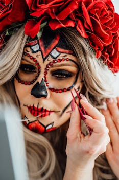 Close-up of a woman applying intricate Dia de los Muertos face paint, adorned with red roses