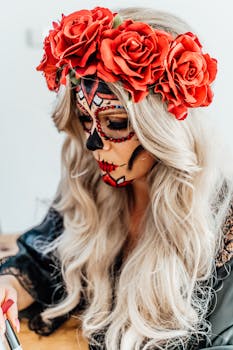 Woman adorned with intricate Dia de los Muertos face paint and red rose headdress.