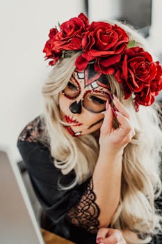 Woman wearing creative Day of the Dead makeup with red roses, evoking Mexican traditions.
