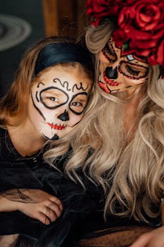 A creative mother and daughter duo wearing traditional Day of the Dead makeup and costumes.