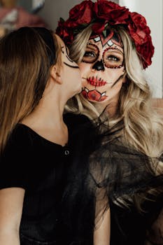 Mother and daughter dressed in Day of the Dead makeup share a tender moment.