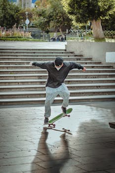 A young male skater skillfully performs tricks with a skateboard in a public park.