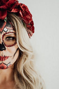 Striking portrait of a woman with Day of the Dead makeup and red rose headpiece.