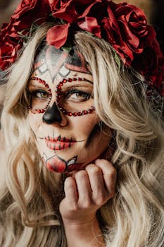 Artistic portrait of a woman with Day of the Dead makeup and a flower crown in warm tones.