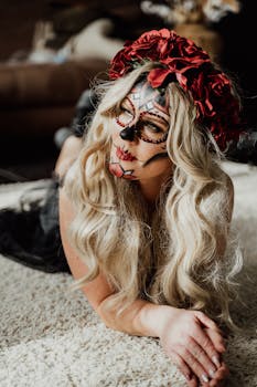 Blonde woman with Day of the Dead makeup and red flower crown lying on carpet indoors.
