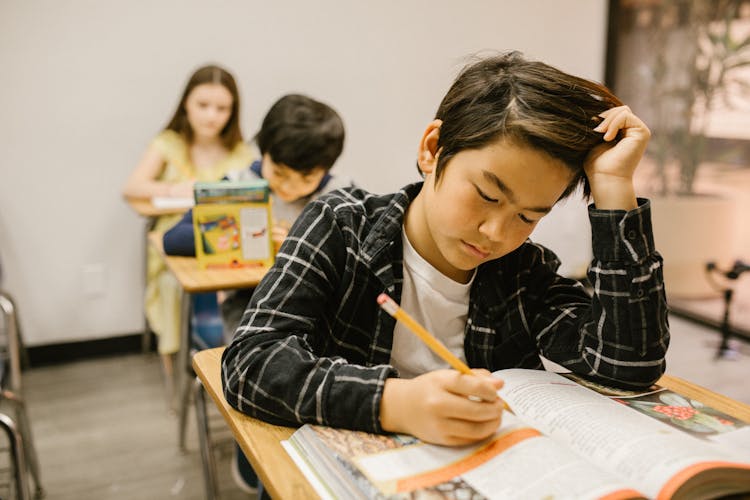 Boy Studying And Reading His Book