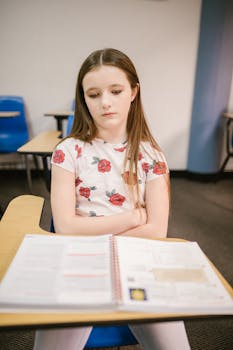 A young girl with a sad expression sitting in a classroom, highlighting bullying awareness.
