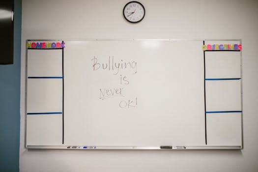 Whiteboard in classroom with 'Bullying is Never OK' message promoting awareness.