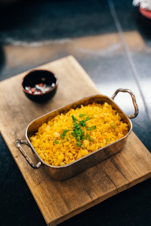 Free Yellow Fried Rice in Metal Tray Stock Photo