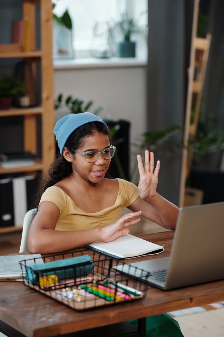 Woman Showing Gestures To Laptop