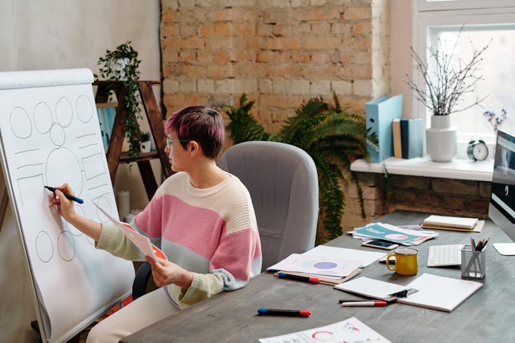 Woman In Knitted Sweater Drawing Shapes While Sitting On An Office Chair