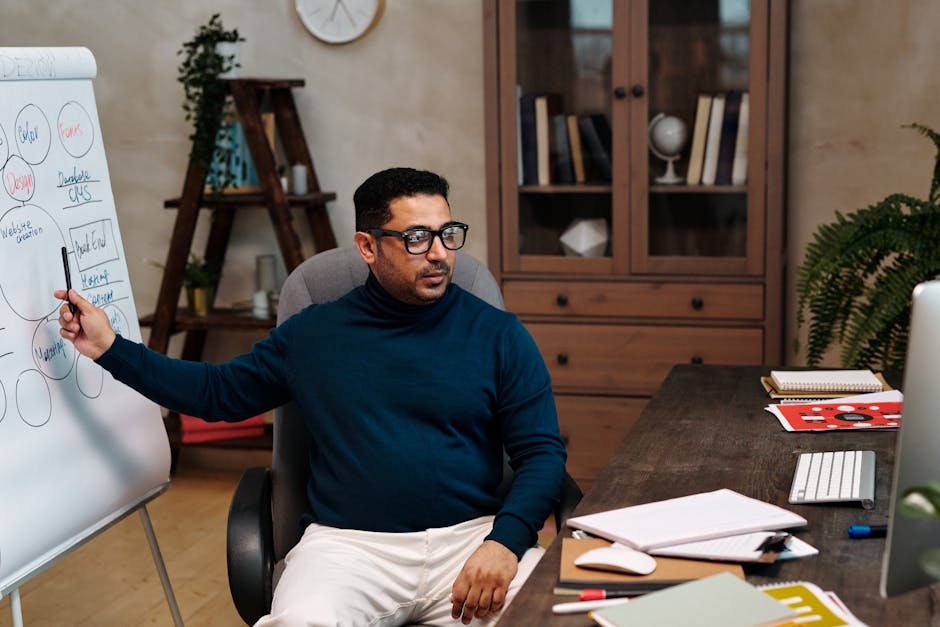 How ChatGPT Fixes YouTube Script Prompt Drift Man in office explaining business strategy with a whiteboard during a presentation.