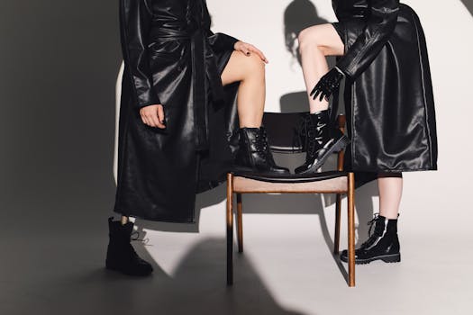 Chic editorial shot of models in black leather trench coats posing stylishly.