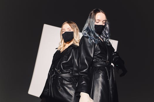 Two models in black leather jackets and masks posing in a stylish fashion portrait.