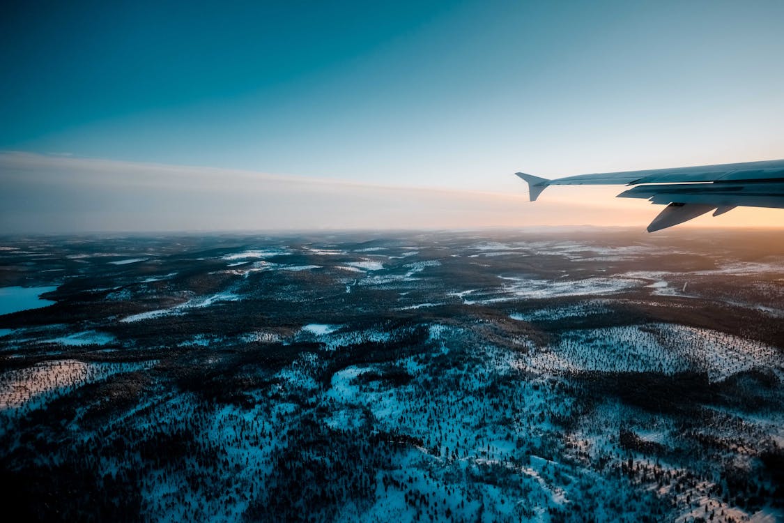 Airplane flying in sky over winter woods · Free Stock Photo