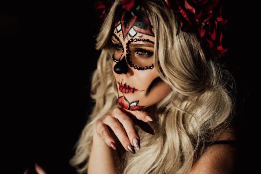 Blonde woman with intricate sugar skull makeup and red roses, perfect for Halloween.