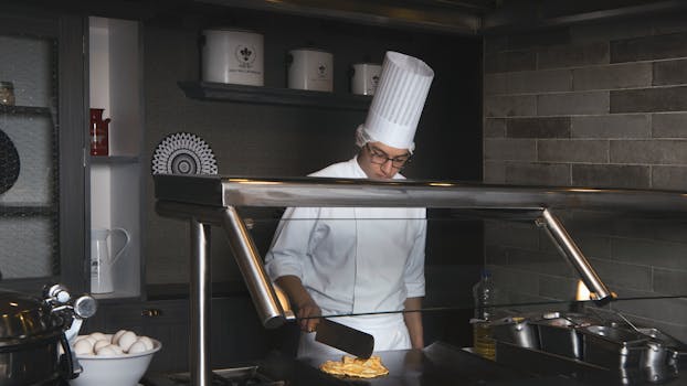 A professional chef in uniform cooking omelette in a modern kitchen setting.