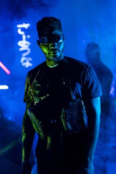 A stylish adult male in a cyberpunk setting with neon lights and smoke, wearing sunglasses.
