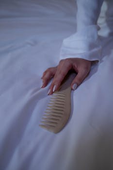 A delicate hand gracefully holds a wooden comb on a white bed surface.