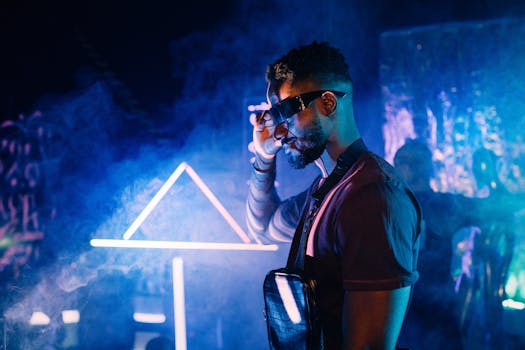 Side profile of a stylish man with sunglasses in a neon-lit cyberpunk environment filled with smoke.