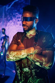 A confident man wearing a cyberpunk style with futuristic glasses in vibrant lighting.
