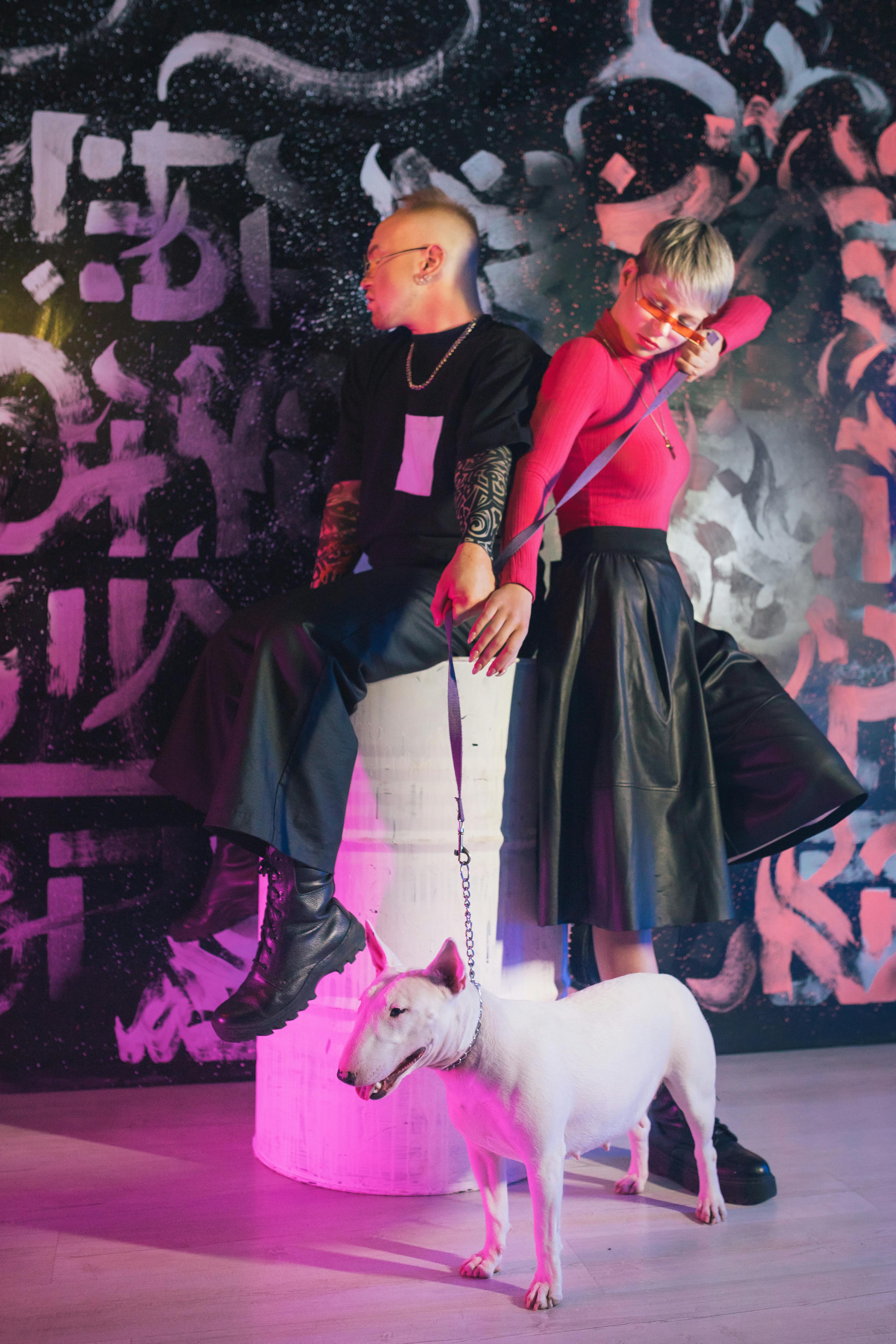 Woman in Black and Red Long Sleeve Dress Holding White Short Coated Dog