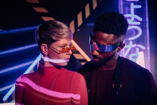 Stylish couple in cyberpunk fashion with neon lights and futuristic aesthetics.