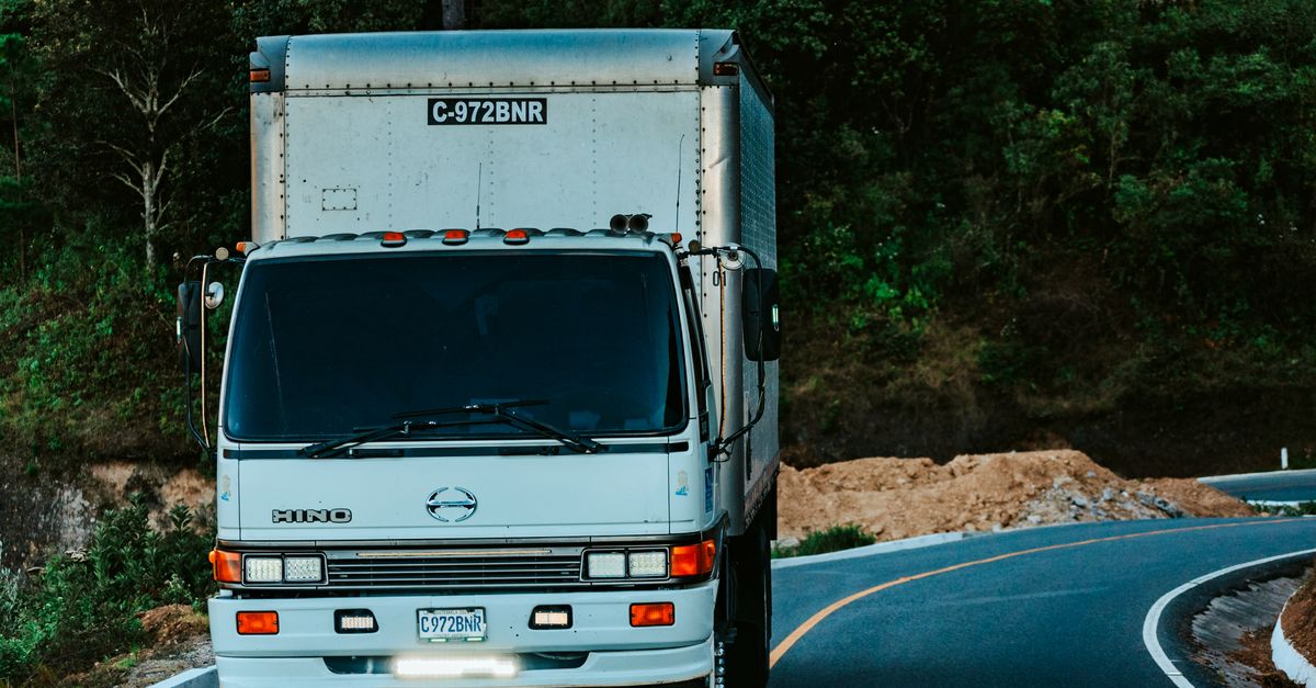 A white truck driving on a winding road surrounded by dense green forest plants.