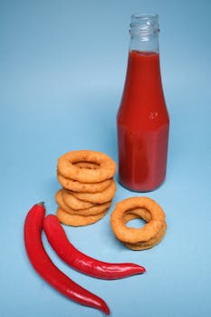Crispy onion rings with ketchup bottle and red chili peppers on a blue background.