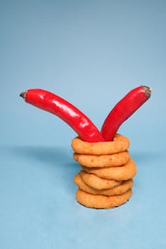 A vibrant studio photo of onion rings stacked with spicy red chili peppers on a blue background.