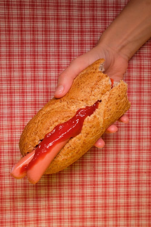 From above of crop anonymous person holding fresh bitten hot dog cooked from long loaf with sausages and ketchup