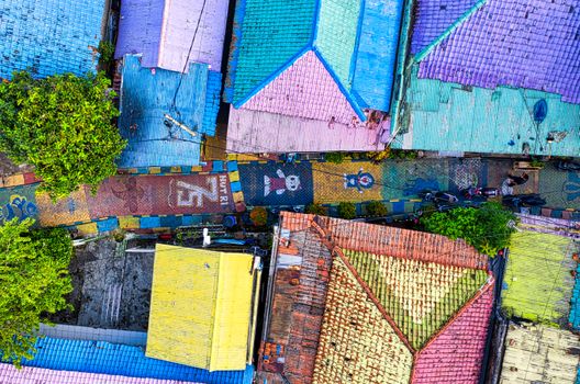 A vibrant aerial shot capturing the colorful rooftops and streets of Banten, Indonesia.