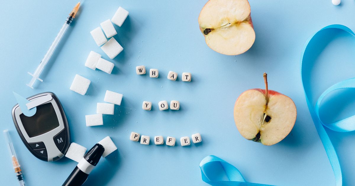 Flat lay of diabetes awareness theme with glucometer, syringe, sugar, and apple on blue background. - Evidence evidence guide for Berberine and Blood Glucose: What the Evidence Says