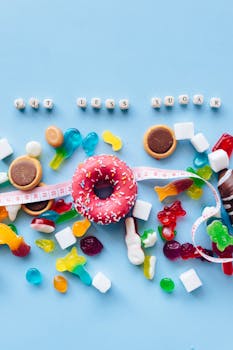Vibrant display of donuts and candy promoting sugar reduction message.