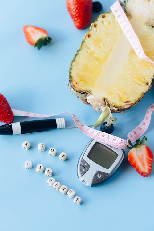 Photos gratuites de aliments, arrêter le diabète, arrière-plan bleu