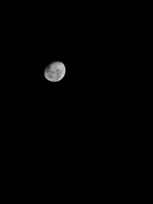 Cloudless black starless sky with moon shining moon with gray spots at night