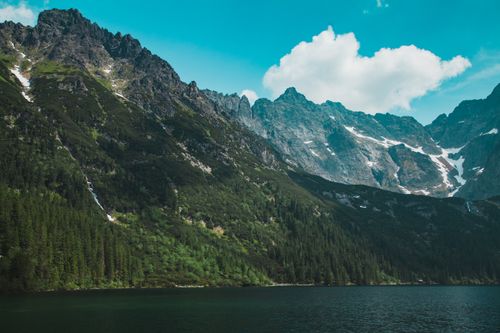 Free Stone hills covered with green trees and plants near rippling pond under blue cloudy sky in nature in daytime Stock Photo