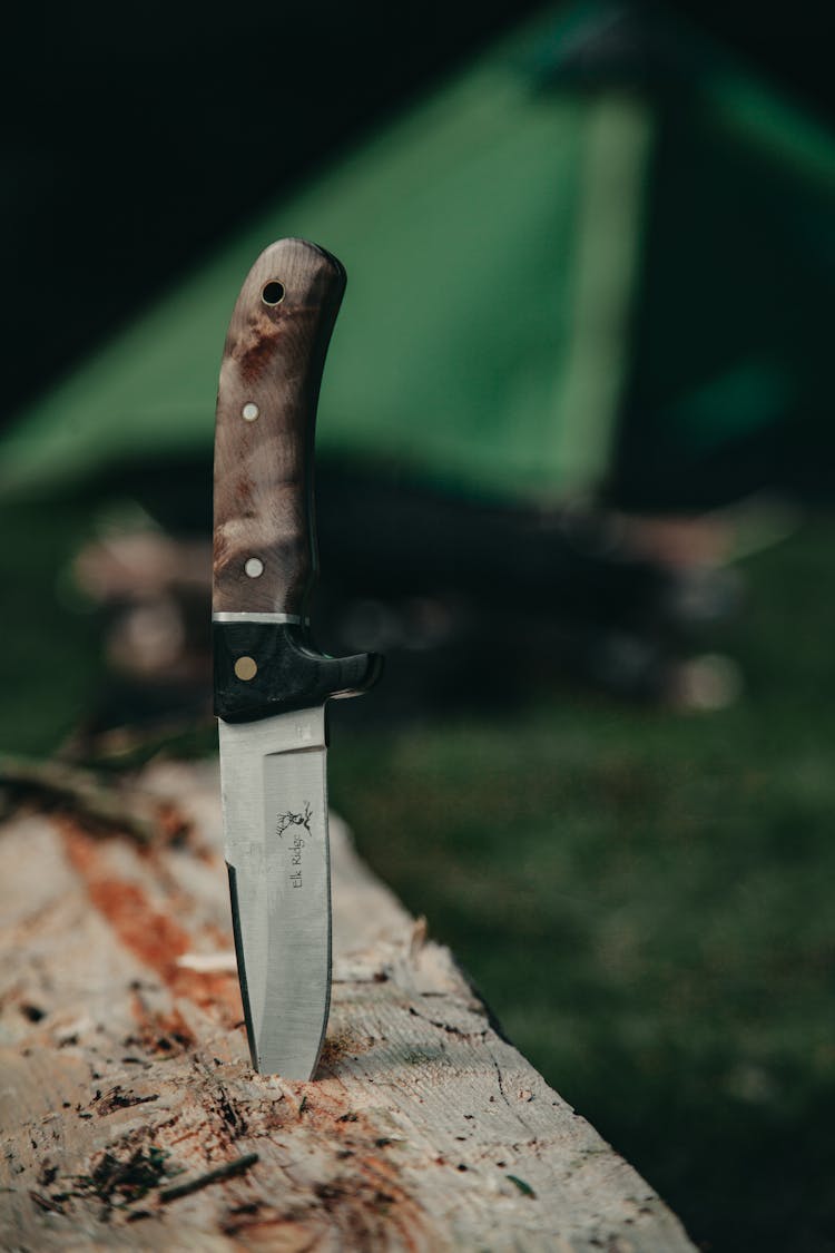 Knife Thrust Into Wooden Plank In Nature