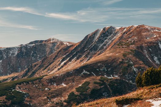 A stunning view of snow-capped mountains under a clear blue sky, perfect for travel and adventure lovers.