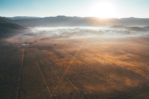 Breathtaking aerial view of farmland blanketed in morning fog with the sun rising over the mountains.