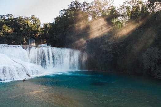 A breathtaking waterfall cascades into a turquoise pool amidst a lush forest with sun rays filtering through.