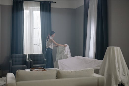 A woman prepares a living room with furniture covered by sheets, suggesting a new home setup.