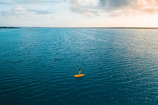 Aerial shot of a person paddleboarding on a vast blue sea during sunset, capturing serenity.