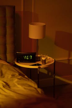 Warmly lit nightstand with lamp and digital alarm clock at 4:07 AM.