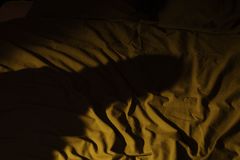 A dark bedroom with crumpled bedsheets and a mysterious shadow, capturing a moody nighttime atmosphere.