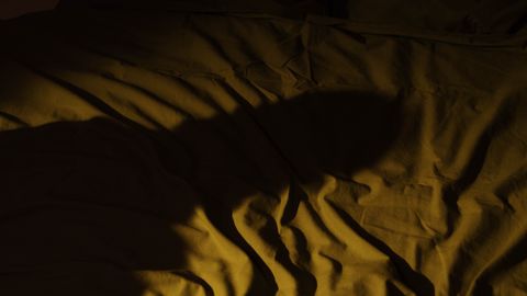 A dark bedroom with crumpled bedsheets and a mysterious shadow, capturing a moody nighttime atmosphere.