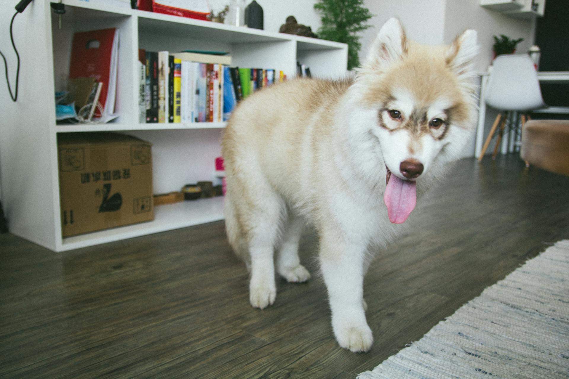 Un chiot de Sibérie blanc et cuivré sur un parquet