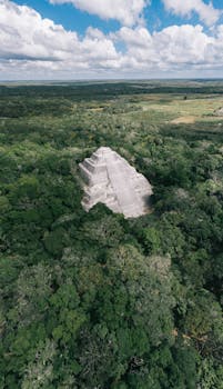 Stunning drone shot of ancient Calakmul archaeological site surrounded by lush green jungle.