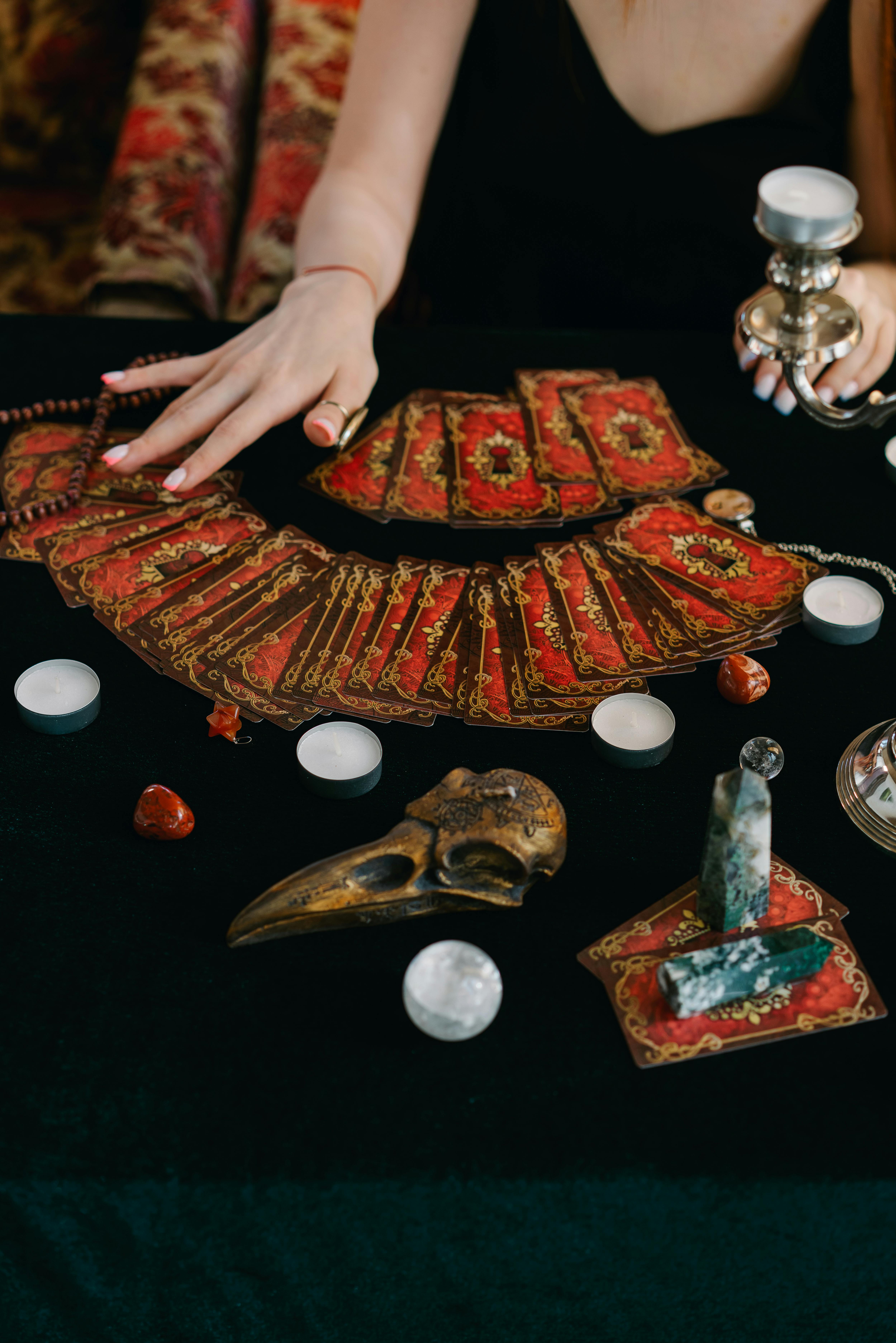 Mystical setting with crystals and candles - the esoteric practice of transformation