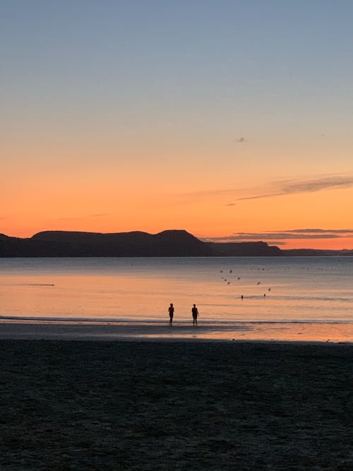 Silhouettes of People Standing on the Shore at Sunset